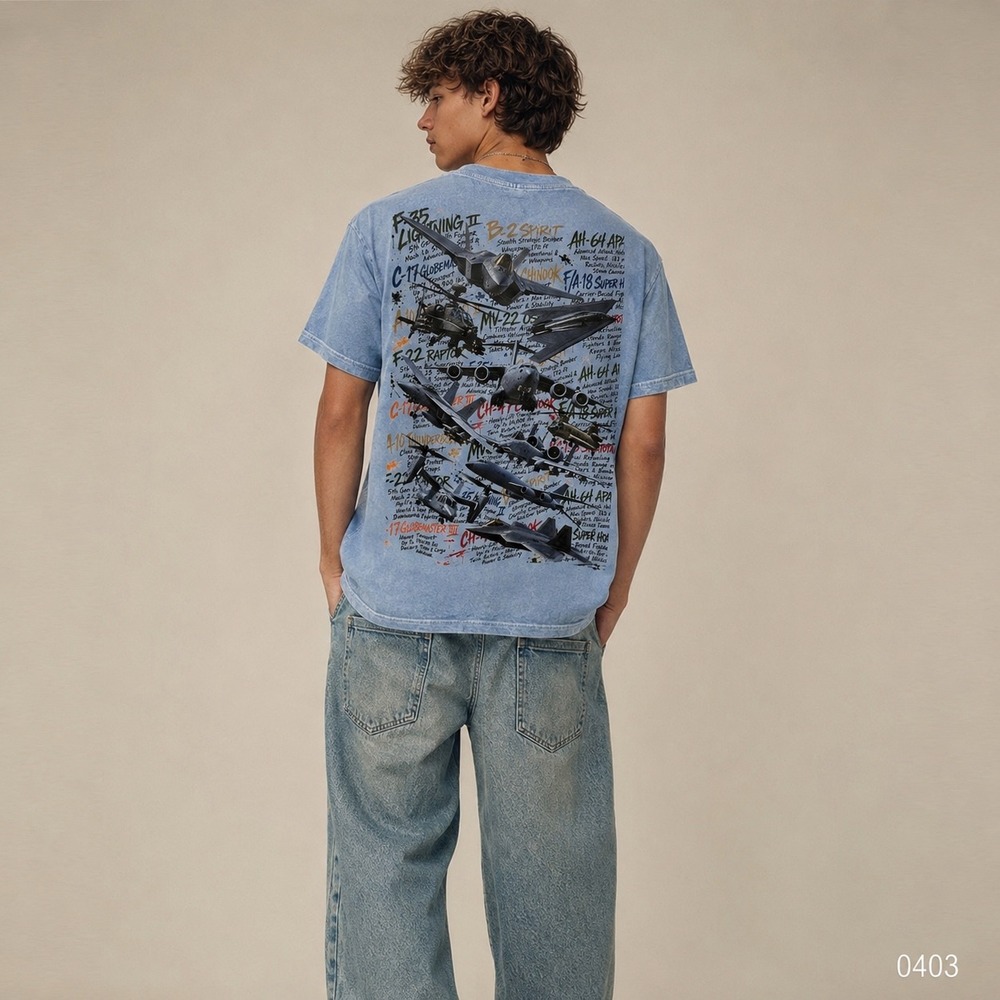 Optima Men Military Aircraft Graphic T-Shirt Acid Wash Blue F-22 B-2 Medium 0403